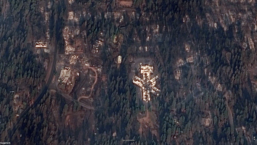 The burn-out shell of Cypress Meadows is visible from satellited imagery.