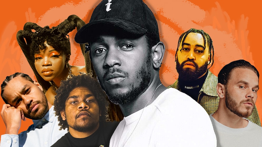 A collage of Kendrick Lamar out front with Australian artists Ziggy Ramo, Tkay Maidza, JK-47, B-Wise and Tasman Keith behind 