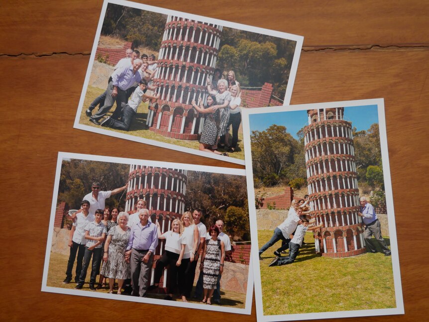 Three photos of people gathered around a leaning tower in a garden