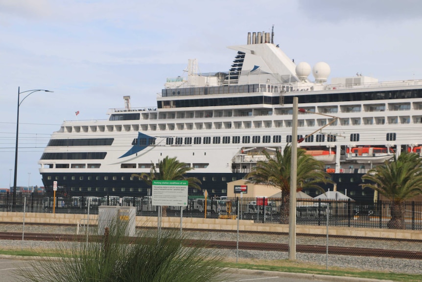 A wide shot of the Vasco da Gama cruise ship berthed at Fremantle Port.