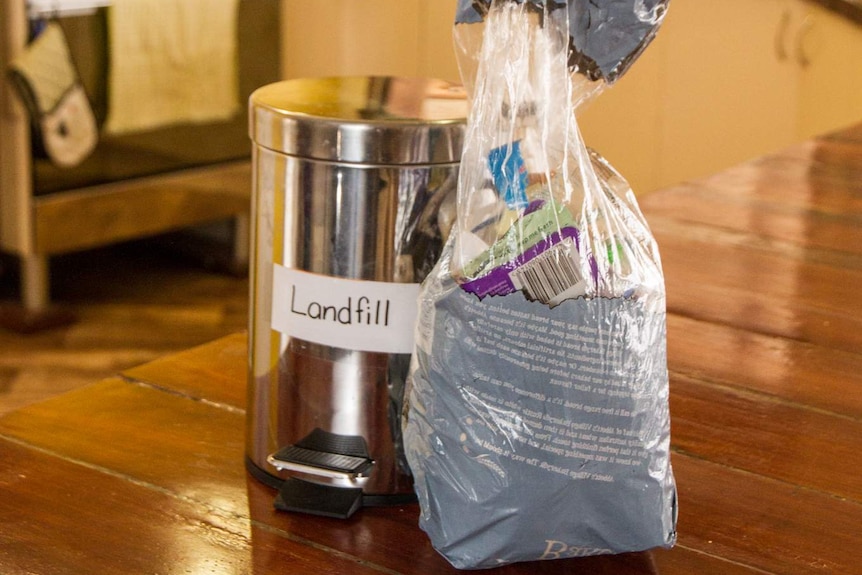 A bag of rubbish and a rubbish bin on a kitchen counter.