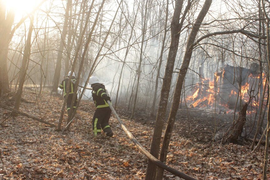 Firefighters carry hoses as fires burn in forest within Chernobyl's exclusion zone
