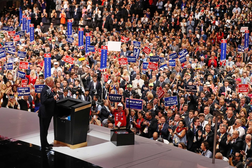 Donald Trump surrounded by crowd at Republican National Convention
