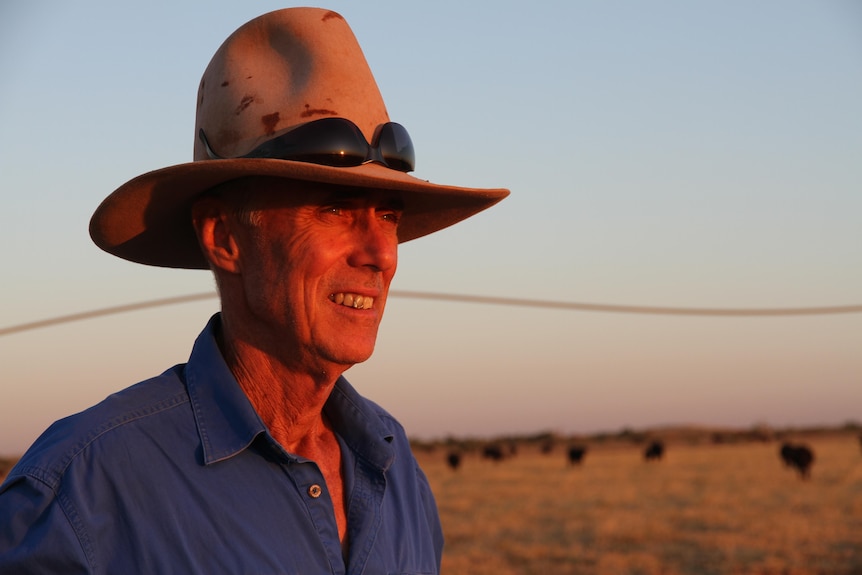 A man in a blue shirt and large hat looks into a setting sun, with the red light reflecting on his face