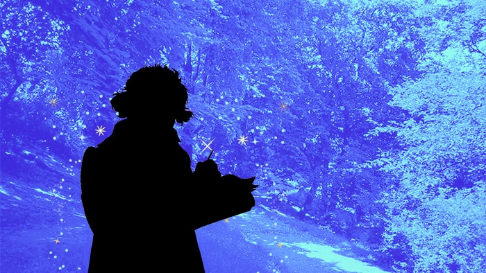 A black silhouette of a wild-haired Beethoven, in front of trees edited to be in a purple gradient. 