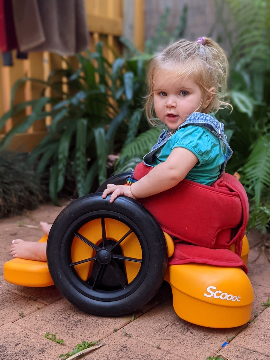 Toddler sitting in yellow and red plastic wheelchair looking at the camera