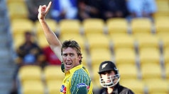 Glenn McGrath celebrates the wicket of Mathew Sinclair