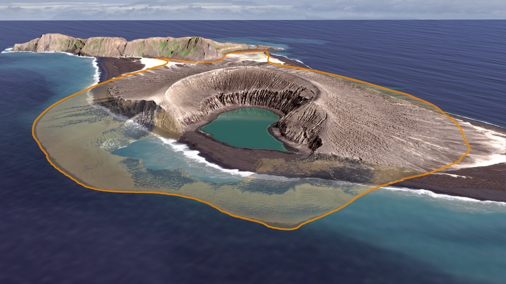 A 3D reconstruction shows an overlay of how the island has eroded.