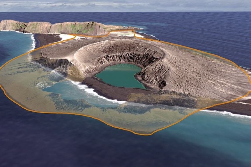 A 3D reconstruction shows an overlay of how the island has eroded.