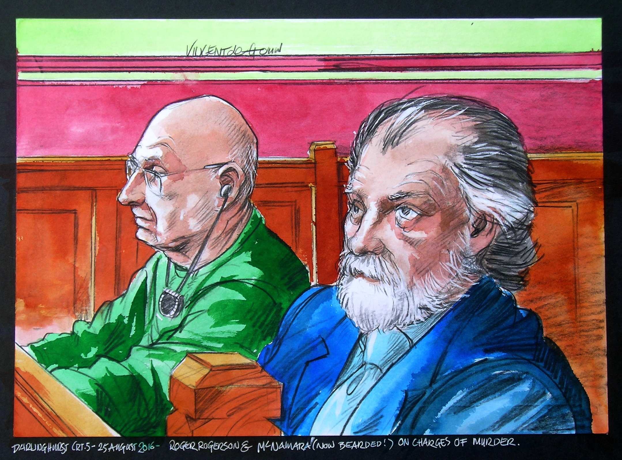 A court sketch showing Roger Rogerson and Glen McNamara in the dock.