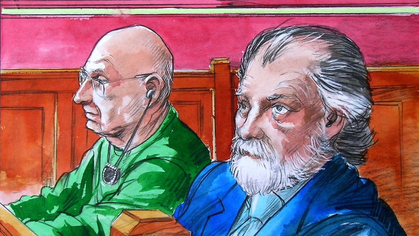 A court sketch showing Roger Rogerson and Glen McNamara in the dock.