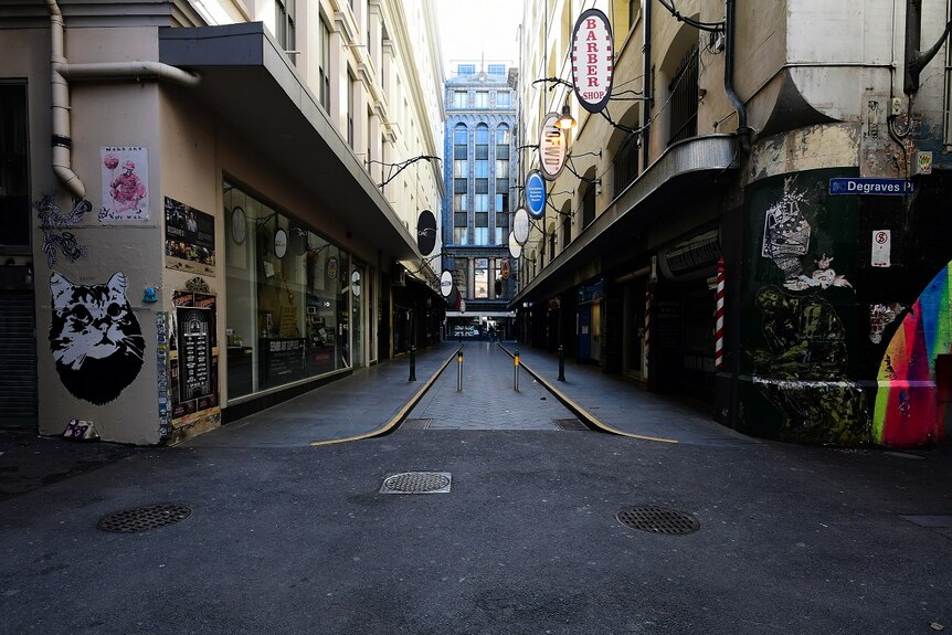 An empty Degraves Street in Melbourne, Friday, August 28, 2020.