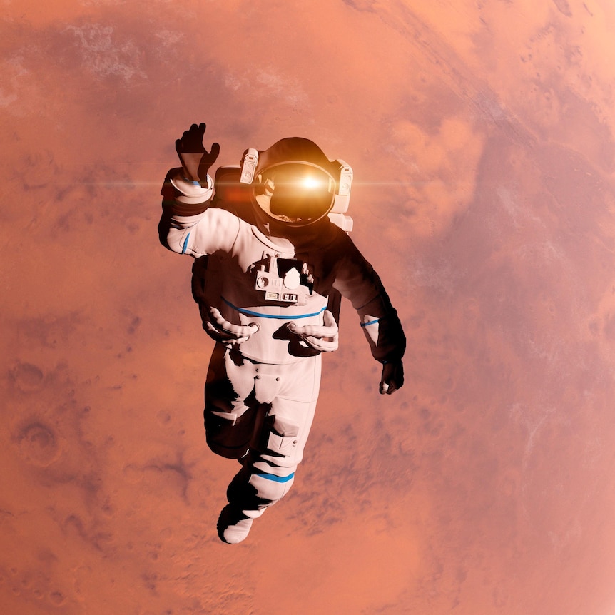 Digital artwork of an astronaut floating in a space suit in front of Mars.
