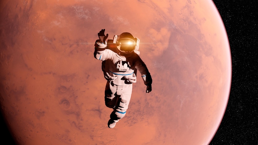 Digital artwork of an astronaut floating in a space suit in front of Mars.