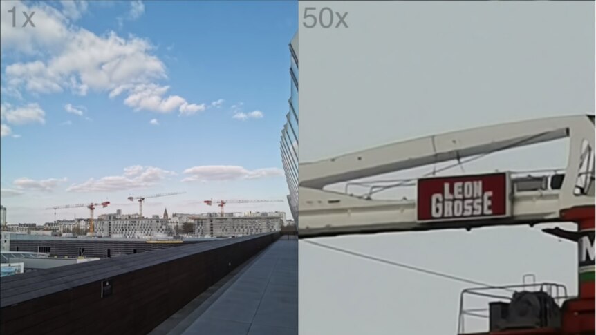 A composite image of cranes on the skyline next to a very zoomed in picture of words on a crane.