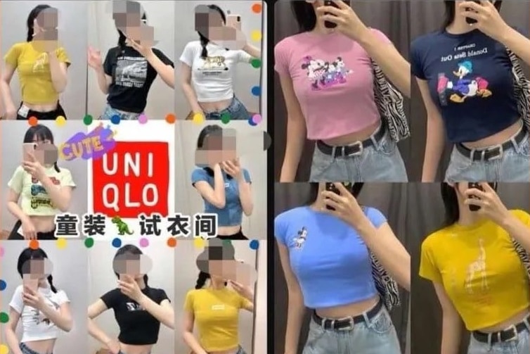 A composite image shows pictures of young women in crop tops posing in children's clothes.