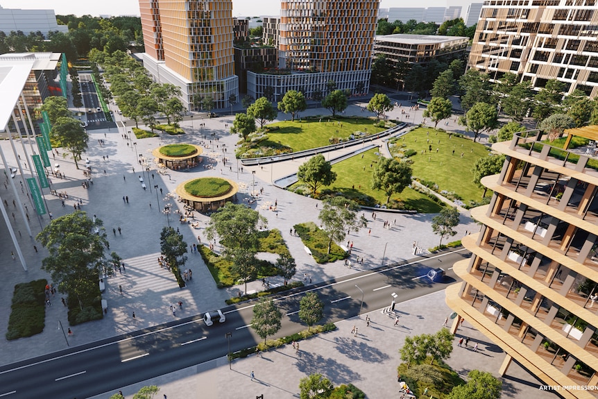 artist impression of a city centre and park