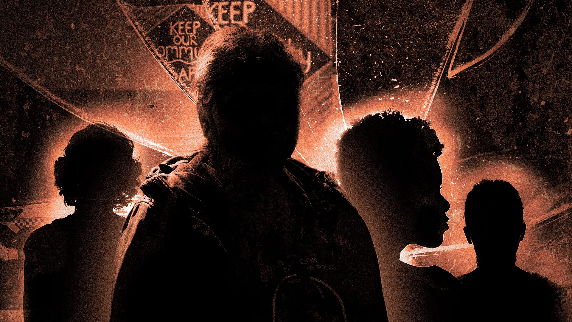 The outline of four women, kept anonymous, superimposed over shattered glass