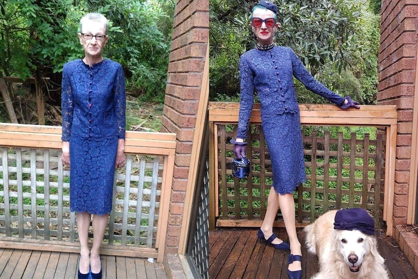 A composite image of the same woman in the same dress, in the left she looks frozen with arms, in the right stylish