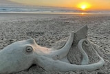 An octopus sculpture created from sand on a beach with a golden sunrise and blue sky in the background.