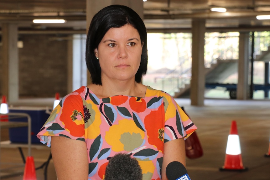 NT Health Minister Natasha Fyles speaks to the media at the Marrara COVID testing facility.