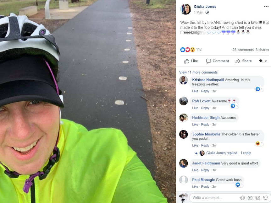 Giulia smiles into the camera from her bike, wearing a helmet, in a social post to her Facebook account.