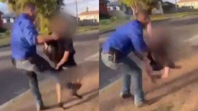 A still from a social media video showing an 18-year-old man being arrested in Taree.