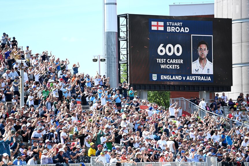 A screen shows "Stuart Broad 60 Test career wickets" at Old Trafford during an Ashes Test.