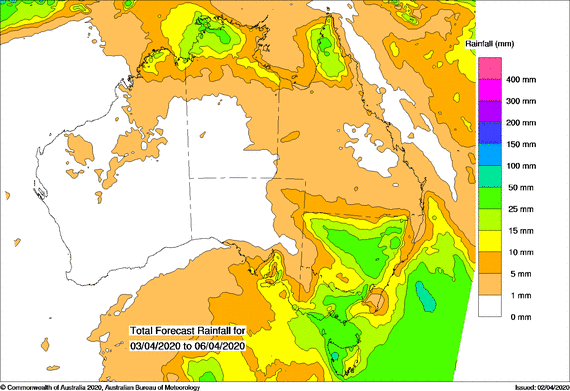 Map of Australia green indicating over 25mm of rain for the northern tropics and SE Aus