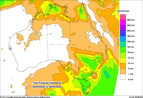 Map of Australia green indicating over 25mm of rain for the northern tropics and SE Aus