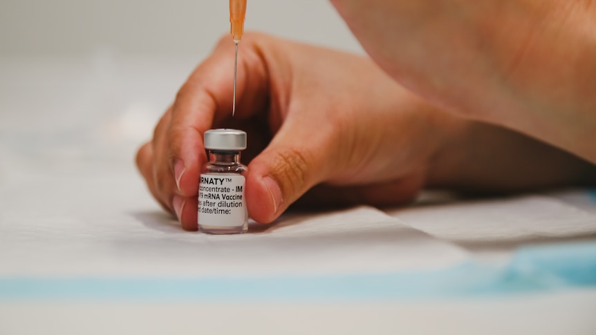 A needle and a vial of COVID-19 Pfizer vaccine.