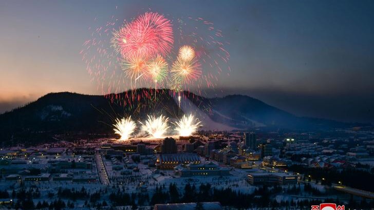 Fireworks explode above during a ceremony celebrating the completion of township of Samjiyon County, North Korea.