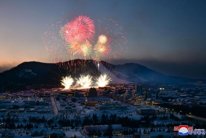 Fireworks explode above during a ceremony celebrating the completion of township of Samjiyon County, North Korea.