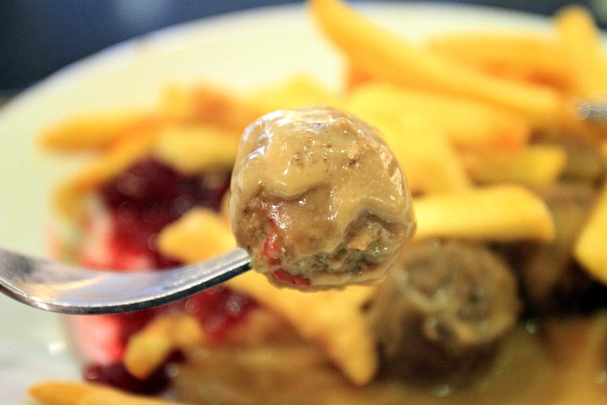 An IKEA meatball on a fork.