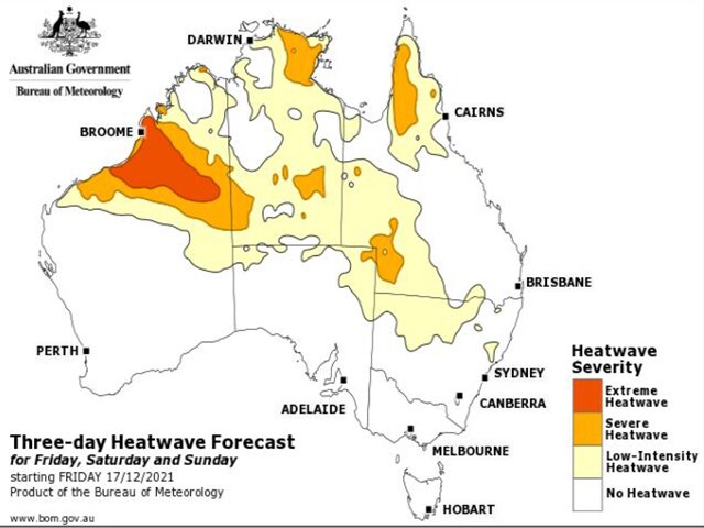 A heatwave forecast map of Australia, showing parts of the country set to experience heatwave conditions in a three-day period.