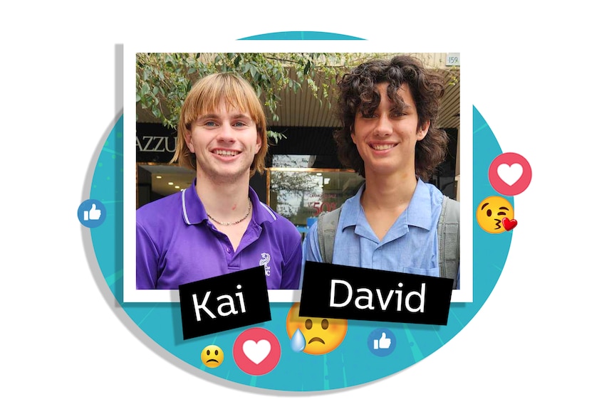 Photo of two teen boys, smiling, in a graphic with their names and a blue background with emojis 