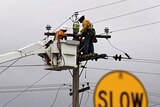 Workers of an electricity company repair power poles and cables.