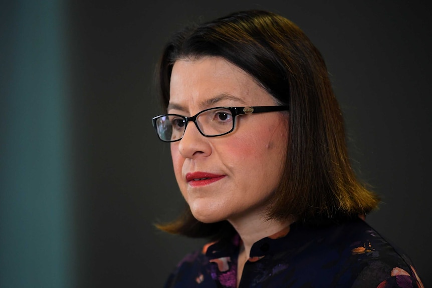 A close-up photograph of Jenny Mikakos, a woman with dark hair and glasses, speaking at a press conference.