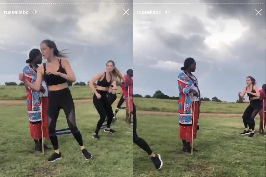 Screenshot of Instagram story shows white women with resistance bands on their shins weaving between stationary Maasai women.