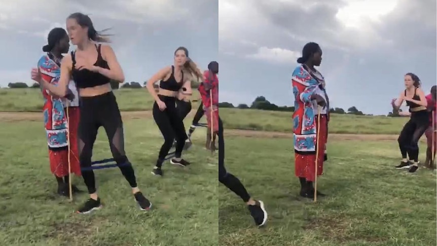 Screenshot of Instagram story shows white women with resistance bands on their shins weaving between stationary Maasai women.