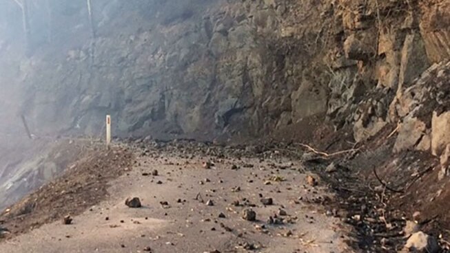 Binna Burra Road damaged by bushfires as at 7:45am on September 8, 2019