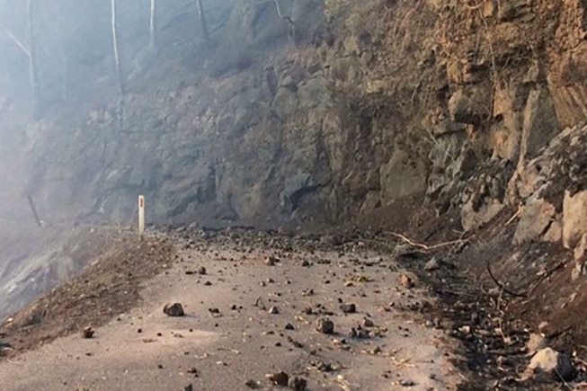 Binna Burra Road damaged by bushfires as at 7:45am on September 8, 2019