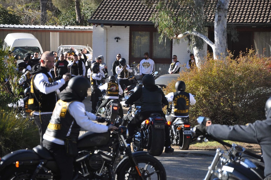 Comanchero bikie members meet at a house in Fisher in Canberra.