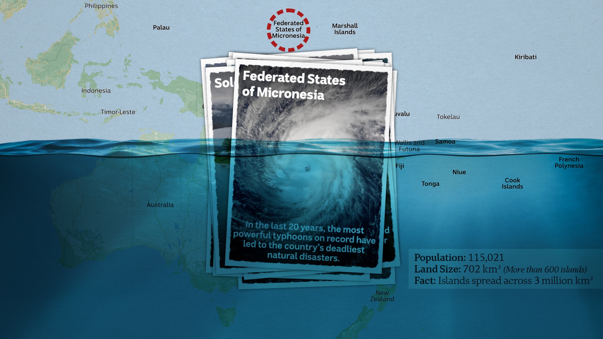 A postcard showing the aerial view of the eye of a typhoon from Micronesia.