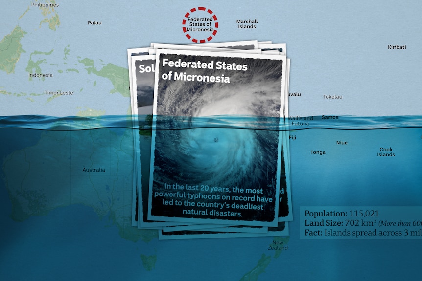 A postcard showing the aerial view of the eye of a typhoon from Micronesia.