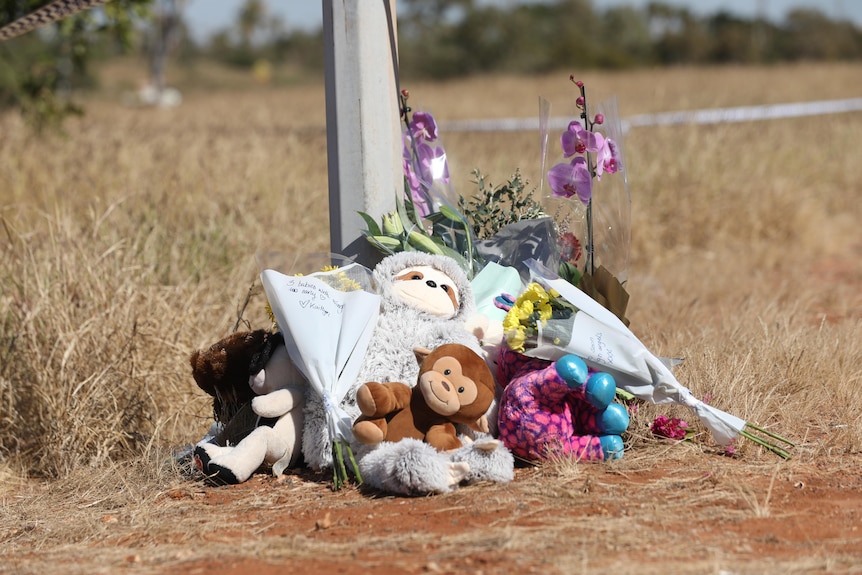 Stuffed toys and flowers on a red dirt floor next to a pole.