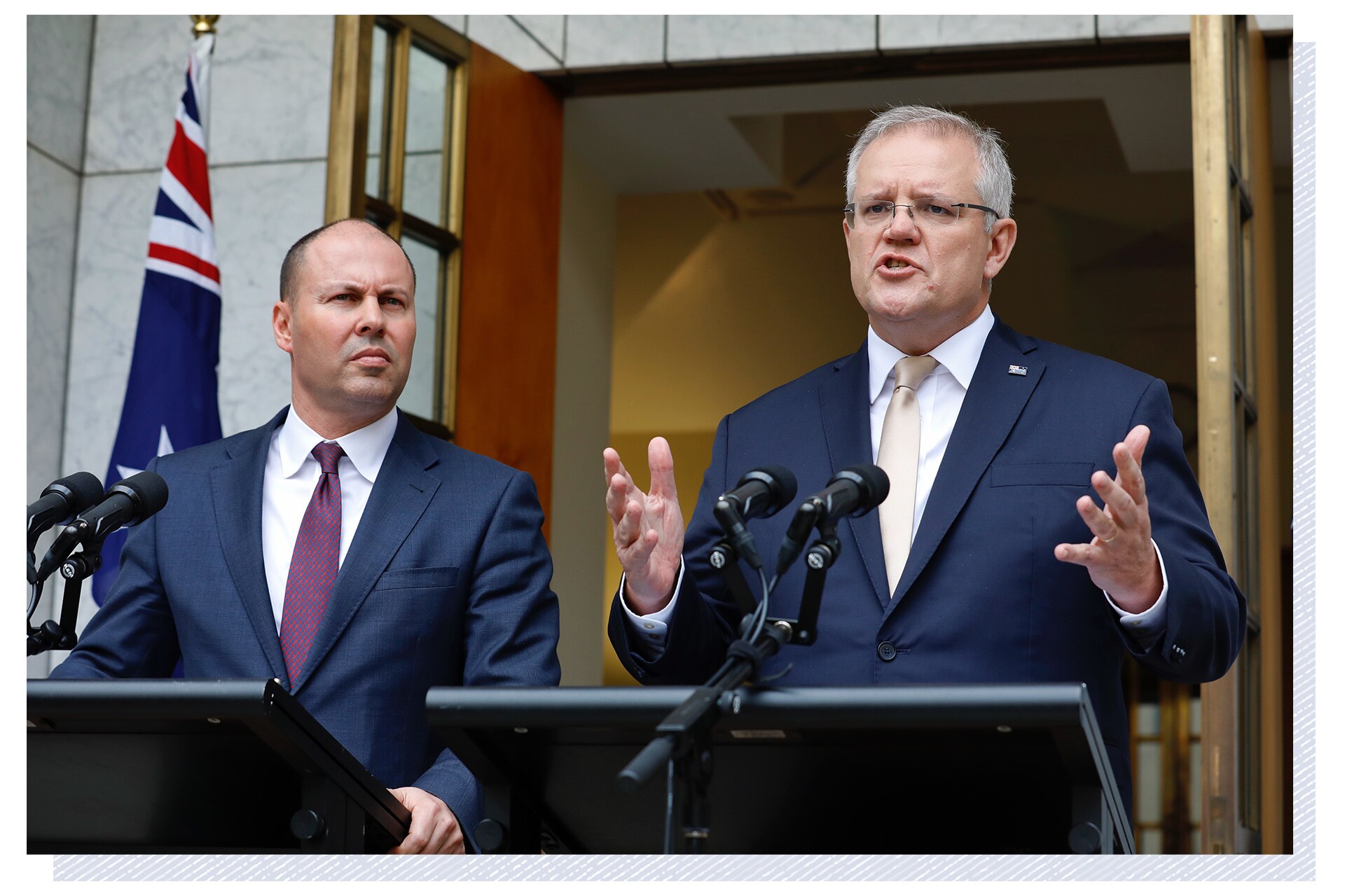 Josh Frydenberg and Scott Morrison stand at lecterns giving a press conference.