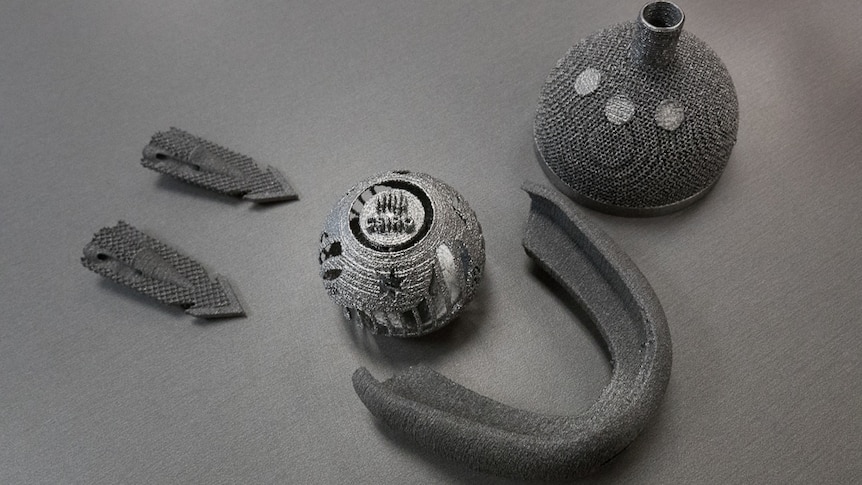 3D titanium prints of shark tags, a replacement hip and sleep apnoea mouthguard.