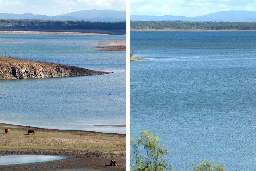 The view across Wivenhoe Dam during drought in 2007 and after the drought broke in 2009.