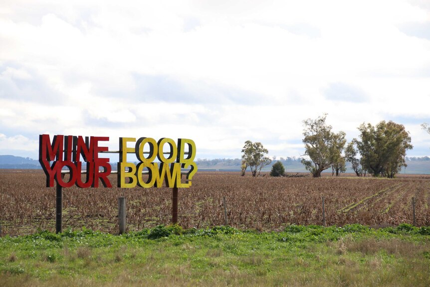 Anti-mining signs on farmland reading 'mine your food bowl' at the Liverpool Plains, northwest NSW.